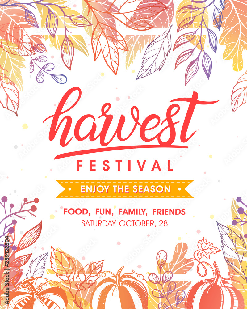 Autumn harvest festival poster with harvest symbols, leaves and floral elements in fall colors.Harvest fest design perfect for prints,flyers,banners,invitations and more.Vector autumn illustration.