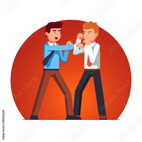 Two business man fight having argument. Managers yelling attack with fist punch and blocking