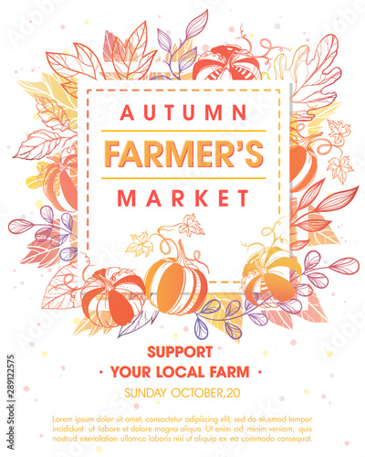 Autumn fermers market banner with leaves and floral elements in fall colors.Local food fest design perfect for prints,flyers,banners,invitations.Fall harvest festival.Vector autumn illustration.