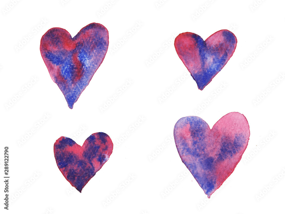 Valentine's day heart set. Watercolor pink, red and blue color heart isolated on white background.