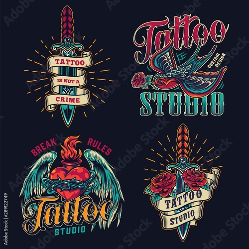 Colorful tattoo studio vintage logos