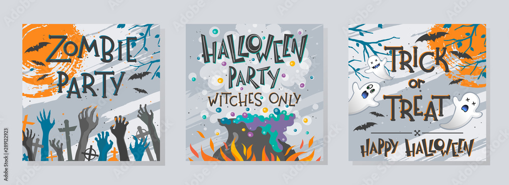 Bundle of Halloween posters with zombie hands,ghosts,witch cauldron and flying bats.Halloween design perfect for prints,flyers,banners invitations,greetings.Vector Halloween illustrations.