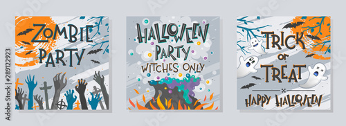 Bundle of Halloween posters with zombie hands,ghosts,witch cauldron and flying bats.Halloween design perfect for prints,flyers,banners invitations,greetings.Vector Halloween illustrations.