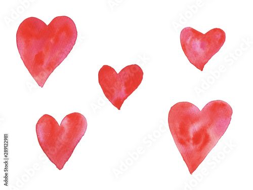 Valentine's day abstract texture heart set. Watercolor pink, red and coral color heart isolated on white background.