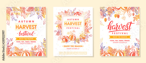 Autumn harvest festival banners with harvest symbols, leaves and floral elements in fall colors.Harvest fest design perfect for prints,flyers,banners,invitations and more.Vector autumn illustration.