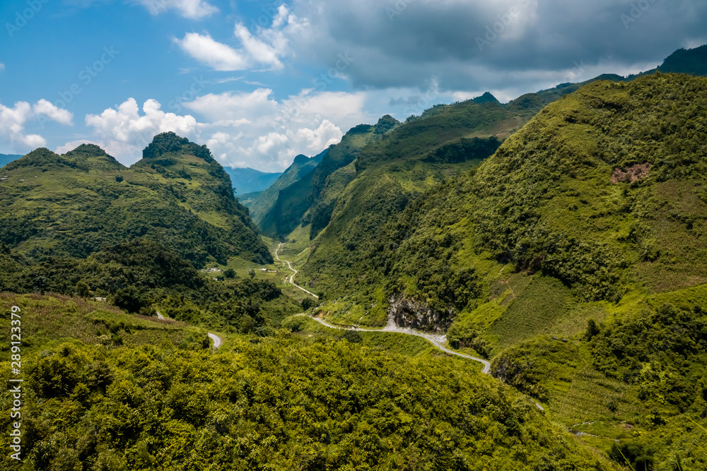 Rocky landscape around Du Gia, Ha Giang province, Vietnam. Stunning scenery with limestone karst mountains. 