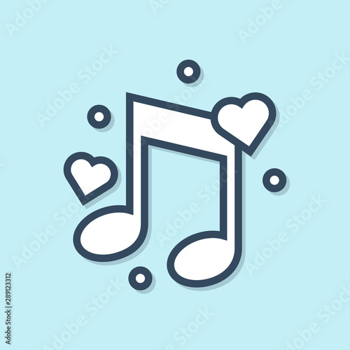Blue line Music note, tone with hearts icon isolated on blue background. Vector Illustration