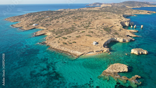 Aerial drone photo of secluded paradise beach of Kasteli in North area of Kato Koufonissi island, Koufonissia, Small Cyclades, Greece