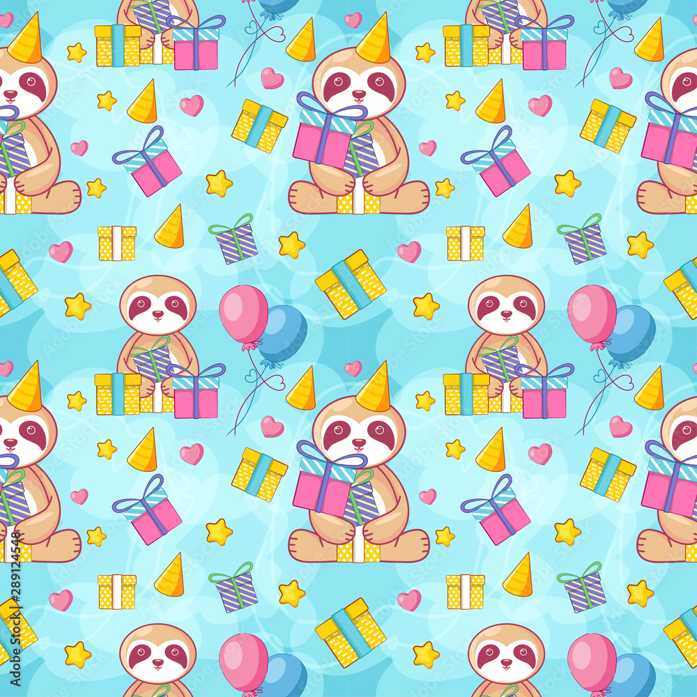hand drawn cute sloth with gift with pattern set