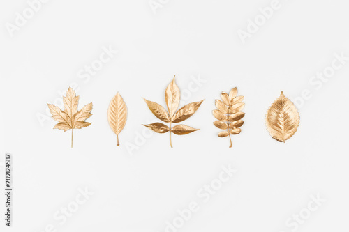 Autumn composition. Autumn golden leaves on white background. Flat lay, top view, copy space