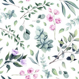 Seamless Pattern of Watercolor Green Leaves and Tree Branches