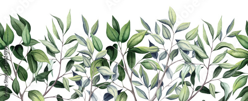 Seamless Border of Watercolor Tree Branches and Leaves