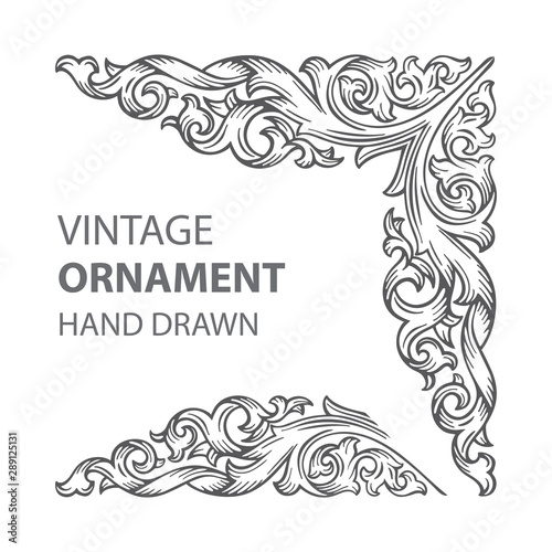 Vintage baroque victorian corner ornament. Hand drawn retro style floral scroll frame ornament. Part of set.