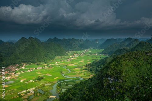 Rice fields of Bac Son valley in lang son province. A remote valley with the Tay ethnic group. View from Na Lay peak viewpoint at Quinh Son, hidden gem few hours north of Hanoi.