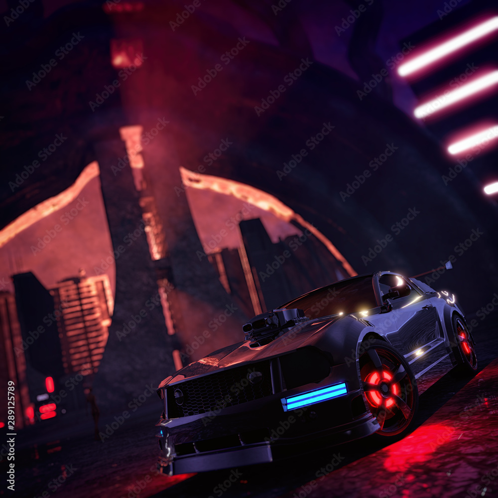 Naklejka premium high performance sports car on a unique and epic science fiction environment 