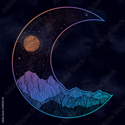 Night sky and mountains landscape in the form of a crescent moon.Isolated vector illustration. Invitation. Tattoo, travel, adventure, outdoors retro symbol.