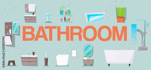 Bathroom interior design with toilet and bathtub, vector illustration. Modern bathroom background with lavatory and washbowl. Bathroom interior icons and objects set.