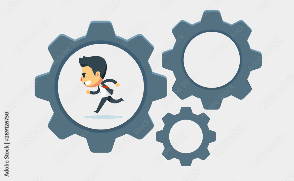 a man is running on the gear system. a man is running on the gear system.