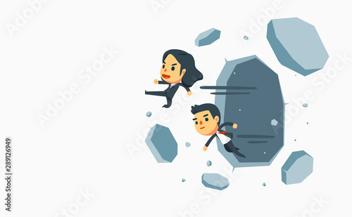 a man and woman break through the wall.