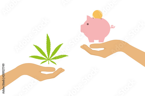 cannabis and money change concept with human hands vector illustration EPS10