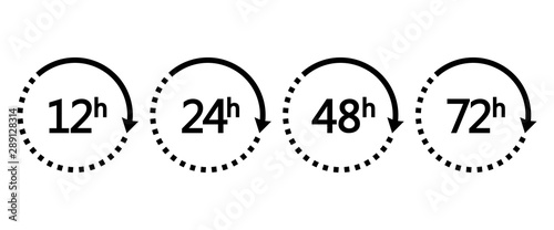 12, 24, 48 and 72 hours clock arrows. Set of black icons work time or delivery service time. Vector illustration