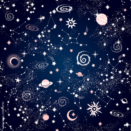 Space Galaxy constellation seamless pattern print could be used for textile, zodiac star yoga mat, phone case