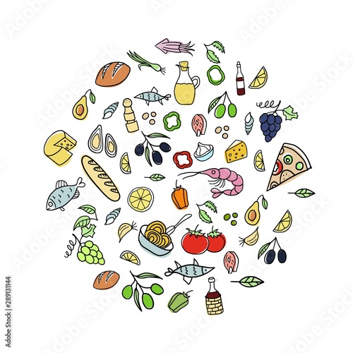 Set of doodles, hand drawn rough simple Italian cuisine food sketches. Vector illustration