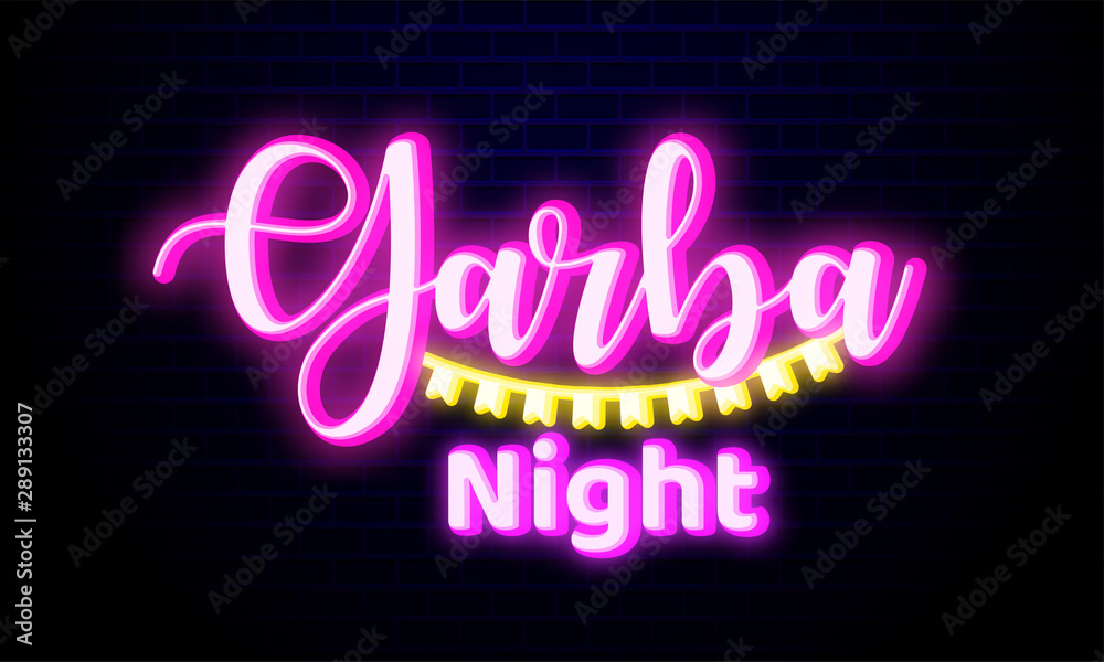 Happy Navratri. Indian festival celebration Vector typography neon light text on Garba night.