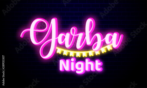 Happy Navratri. Indian festival celebration Vector typography neon light text on Garba night.