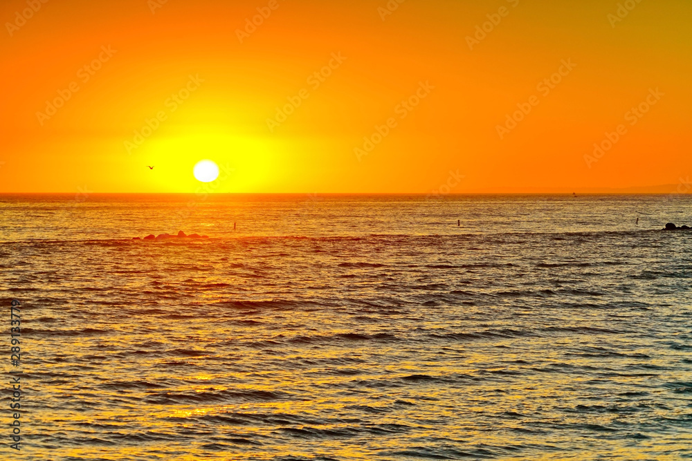 View of Santa Monica beach at sunset.