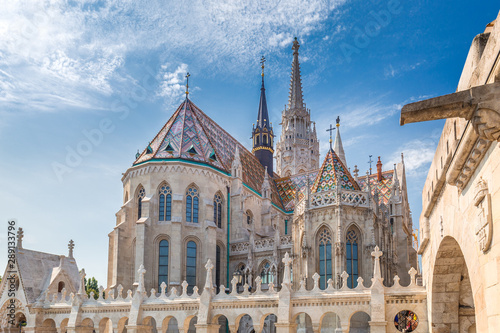 The Matthias Church in Budapest, Hungary, Europe. View from the Fisherman's Bastion.