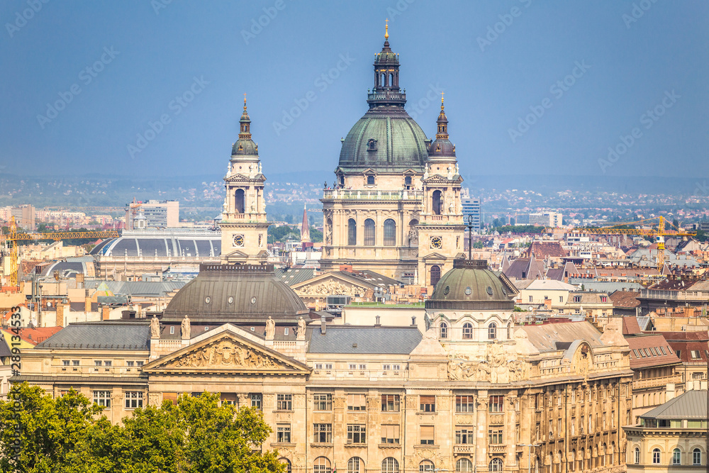 Budapest, top view of historic buildings with St. Stephen's Basilica, Hungary, Europe.