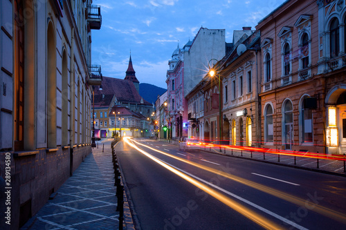 Light Trails Along Strada Muresenilor, Brasov, Transylvania, Romania photo