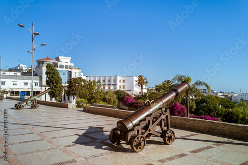 The cannons of the terrace of the lazy in Tangier, north of Morocco with view on the Straits of Gibraltar