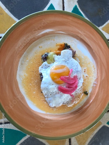 Overhead view of Huarache breakfast, Mexico photo