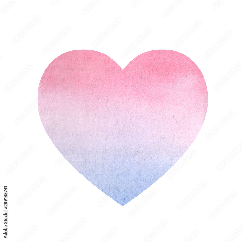 Watercolor heart isolated on a white background. Pink and blue gradient, paper texture.