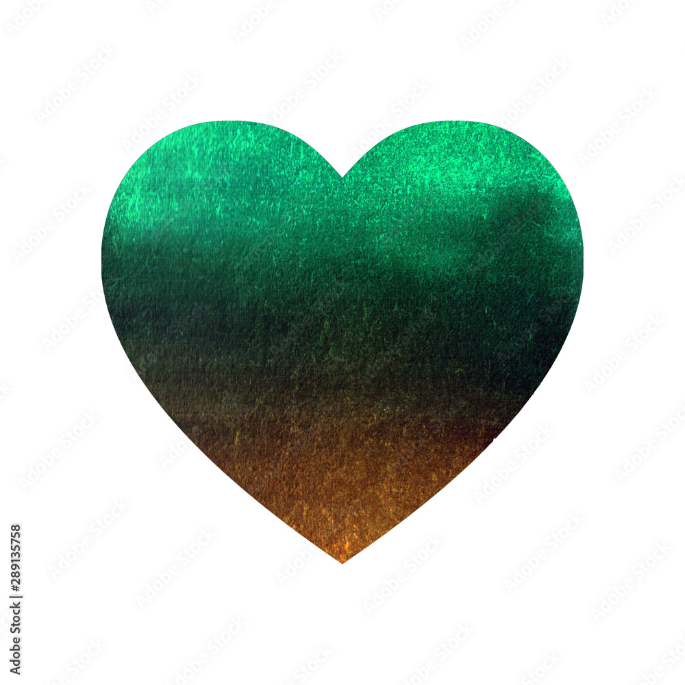 Watercolor heart isolated on a white background. Green, brown and gold gradient, paper texture. Watercolor heart isolated on a white background. Green, brown and gold gradient, paper texture.