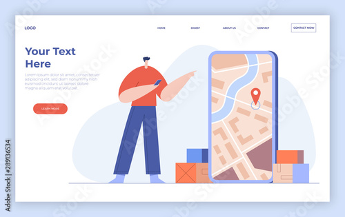 Online delivery concept, shipping application, customer ordering transportation services in smartphone. Cargo tracking on the map and location mark. Landing page template. Flat vector illustration.