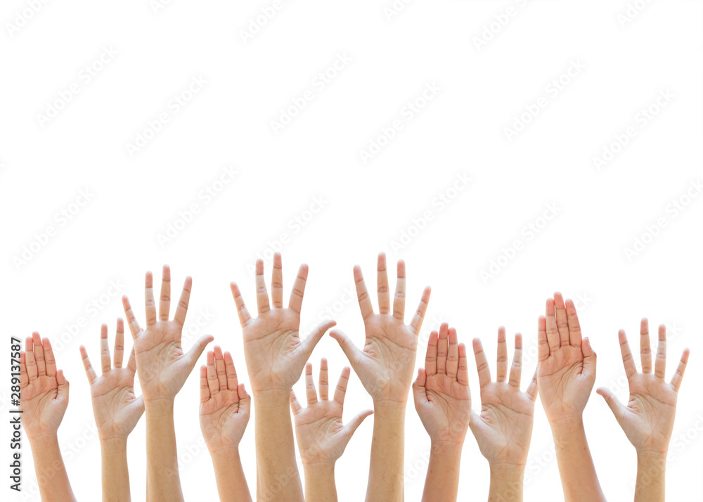 Mixed empty raise up hands on withe background with copy space can be used for your text or christian background, praise and worship concept Mixed empty raise up hands on withe background with copy space can be used for your text or christian background, praise and worship concept