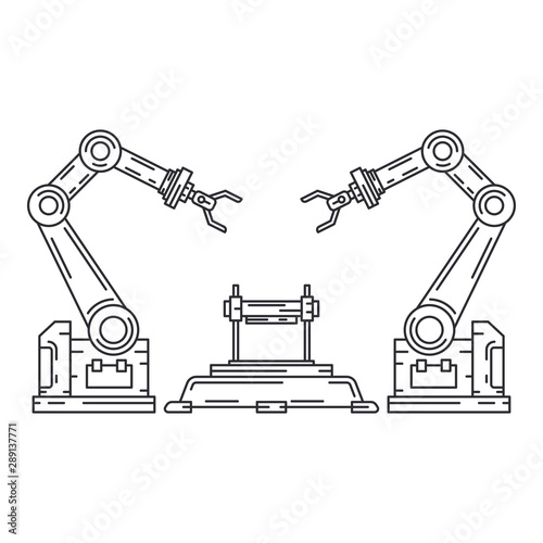 Line flat vector icon factory conveyor robot arm system. Automatic industry assembly robotic machinery. Globalization laborer technology process. Mechanical worker. Cartoon style illustration, design.