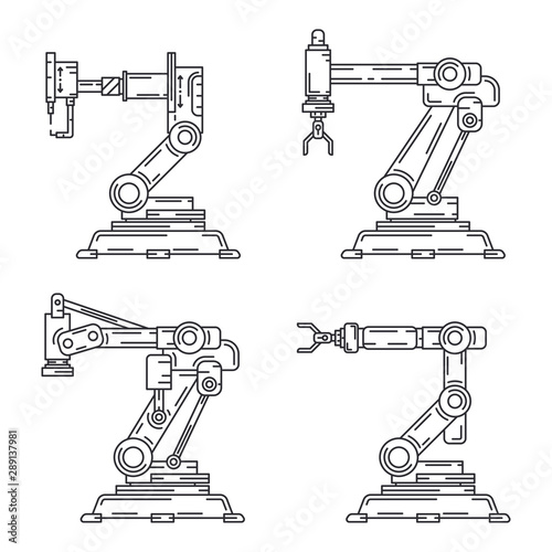 Line flat vector icon set factory conveyor robot arm system. Automatic industry assembly robotic machinery. Globalization laborer technology process. Mechanical worker. Cartoon style illustration.