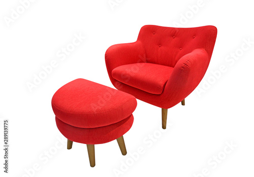 Red armchair with footrest isolated on white