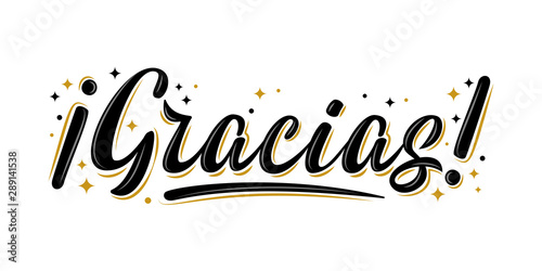 Vector lettering Gracias with stars. Handwritten modern brush lettering Gracias! on white. Text in spanish for postcard, invitation, T-shirt print design, banner, poster, web, icon. Isolated vector
