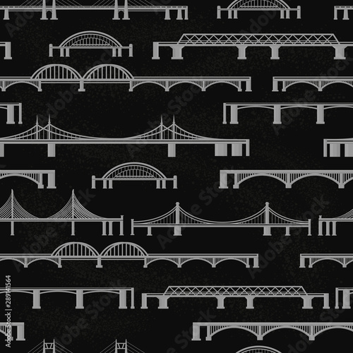 Fototapeta Naklejka Na Ścianę i Meble -  Seamless vector pattern with different bridges on a black background.