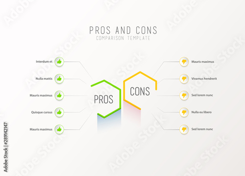 Pros and Cons comparison vector template light vector template with blue and purple hexagons and circles and place for your comparison text.