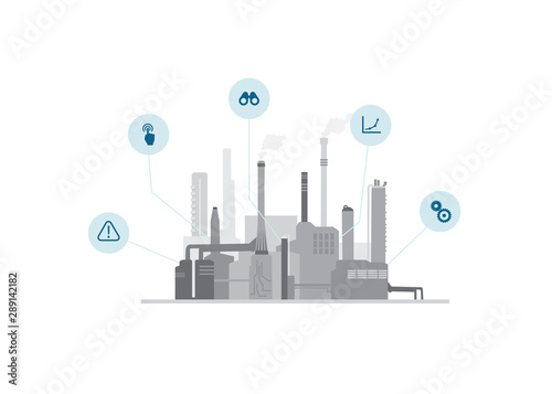 2D vector illustration template with industrial facility buildings and chimneys.