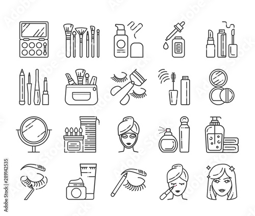 Cosmetic products and professional facial makeup line icons set. Feminine skincare. Beauty industry. Pictogram for web page, mobile app, promo. UI UX GUI design element.