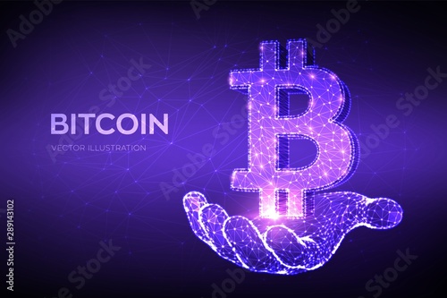 Bitcoin. Low poly abstract mesh line and point Bitcoin sign in hand. Crypto currency, virtual electronic, internet money. Payment symbol. Cryptocurrency concept. 3D polygonal vector illustration.