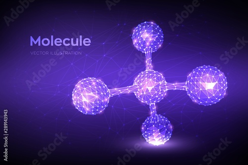 Molecule Structure. Low poly abstract Molecule. Dna, atom, neurons. Molecules and chemical formulas. Scientific background for medicine, science, chemistry, biology. 3D polygonal vector illustration.
