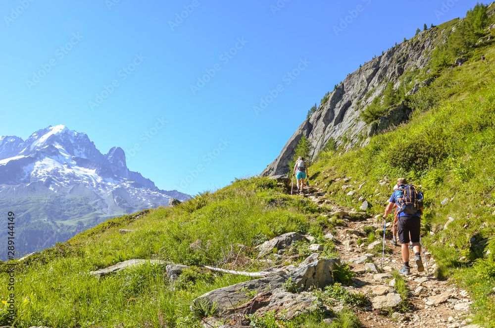 Hikers with hiking poles in French Alps near Chamonix on a trail to Lac Blanc with Mont Blanc view. Beautiful Alpine landscape in France. People with walking sticks. Alps in summer. Active vacation